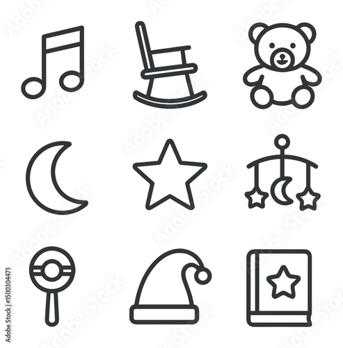 Lullaby Icon Set. Outline icon set of lullaby elements: music note, rocking chair, teddy bear, crescent moon, star, toy mobile,