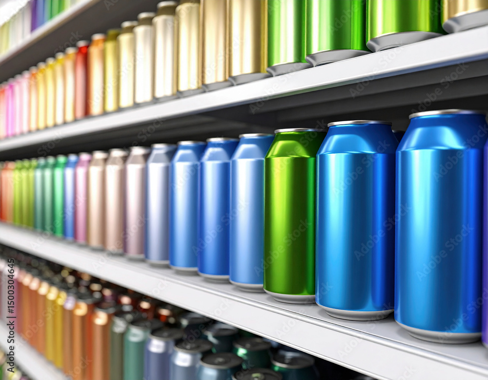 Fototapeta premium Colorful beverage cans are neatly arranged in long rows on bright supermarket shelves, reflecting the store lights and showcasing a variety of drink options for customers.