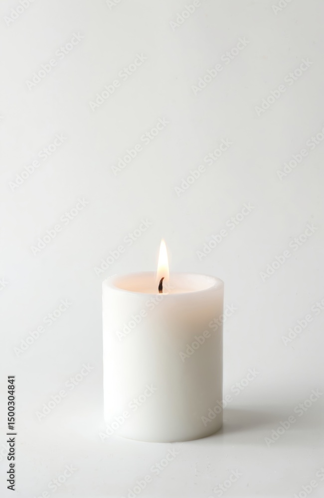 White candle flame burns bright isolated on white background. Candlelight creates cozy atmosphere, evokes feeling of peace, relaxation, serenity. Perfect for holidays, spa, meditation, romantic date. White candle flame burns bright isolated on white background. Candlelight creates cozy atmosphere, evokes feeling of peace, relaxation, serenity. Perfect for holidays, spa, meditation, romantic date.