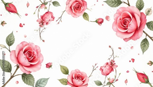 Delicate watercolor roses & leaves, repeating pattern, pattern, element, botanical