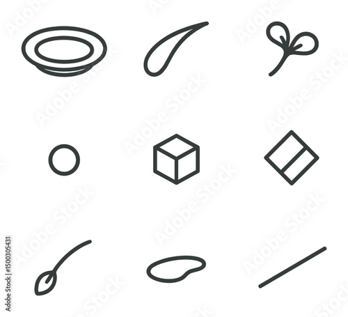 Minimalist Plating Icons. Outline icon set of minimalist plating: white plate, single sauce swipe, microgreen sprig, dot of purée,