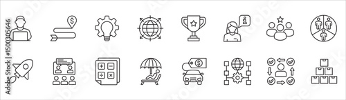 Business and management icon set. Contains symbol of businessman, target, leadership, progress, holiday, data, stock, market, accounting, training, resource, finance, service. Vector illustration