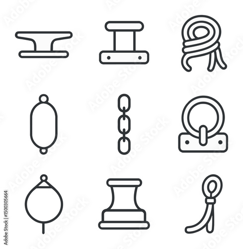 Mooring Icons Set. Outline icon set of boat mooring at dock: cleat, bollard, rope coil, fender, anchor chain, dock ring, buoy,