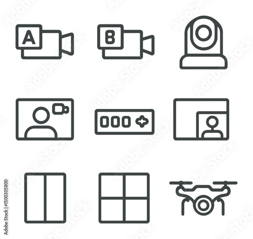 Multi-Camera Icon Set. Outline icon set of multi-camera setups: camera A, camera B, PTZ camera, virtual camera, scene switcher,