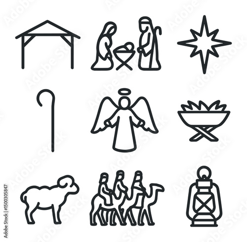 Nativity Icons Set. Outline icon set of nativity scene accents: stable silhouette, Holy Family figures, star of Bethlehem,