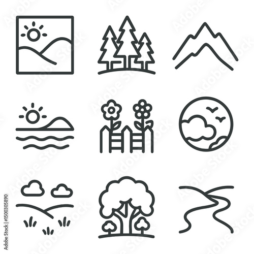 Nature Icon Grid. Outline icon set of nature views: framed landscape, forest vista, mountain outline, coastal horizon, garden