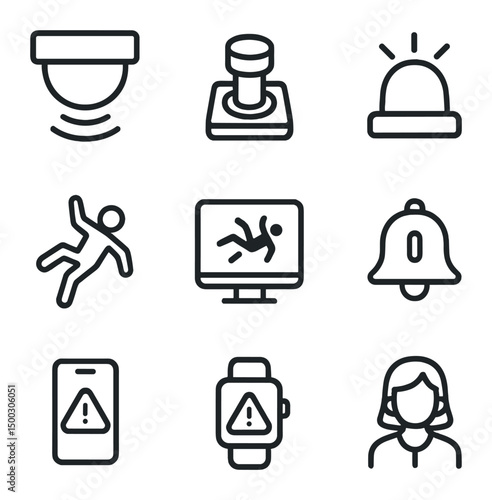 Fall Alert Icon Set. Outline icon set of fall detection and alert robots: motion sensor, emergency button, siren speaker, falling