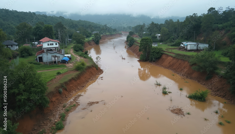 Fototapeta premium Aerial view of flooded rural area with damaged houses, mudslides. Environment disaster, river overflowing. Climate change impact, heavy rain leads to ecological problems.