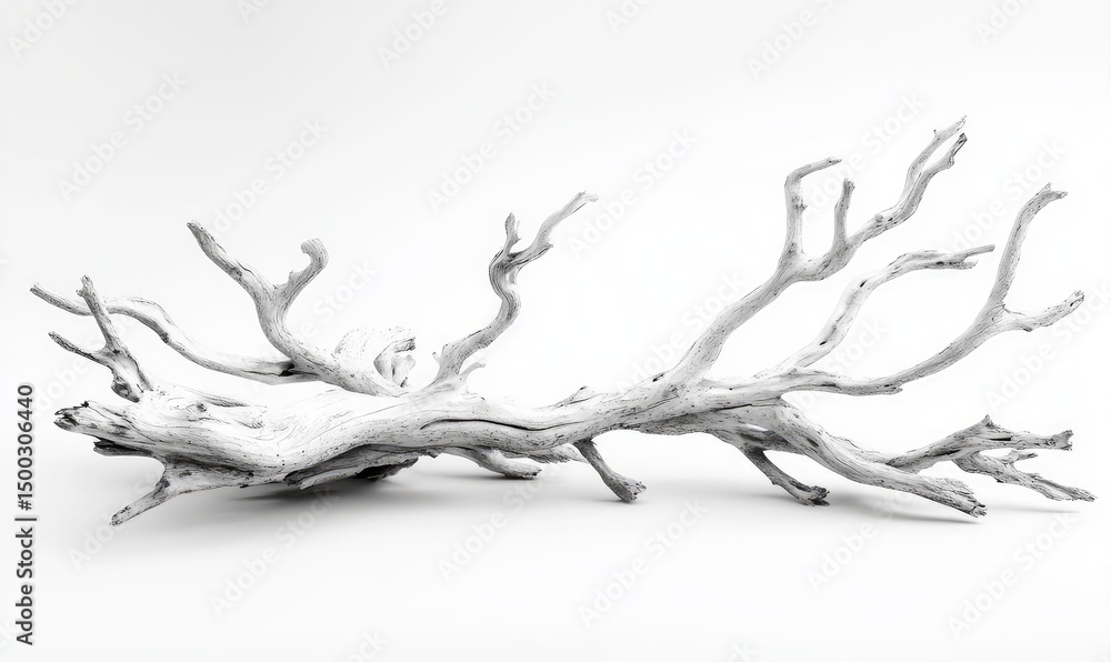 Fototapeta premium Old white dead tree branch isolated on white background. AI generated illustration.