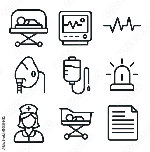 NICU Equipment Icons. Outline set of NICU monitoring equipment: incubator, vital signs monitor, ECG waveform, oxygen mask, IV drip