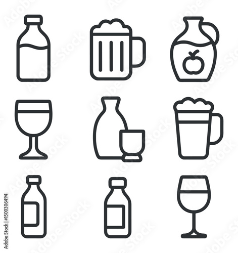 Fermented Drinks Icons. Outline icon set of fermented beverages: kombucha bottle, kvass mug, cider jug, mead goblet, sake cup,