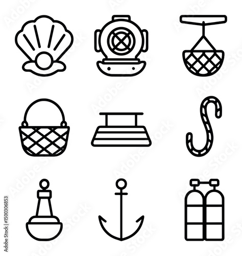 Ocean Pearl Harvest Icons. Outline icon set of ocean pearl harvesting: oyster shell, diver helmet, pearl dredge, mesh basket, boat