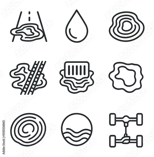 Oil Iridescence Icons. Outline icon set of oil slick iridescence: road puddle, oil drop, sheen ripple, tire track, storm drain,