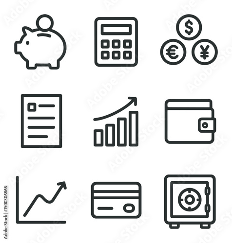 Financial Icons Grid. Outline icon set of financial literacy concepts: piggy bank, calculator, currency symbols, budget sheet, bar