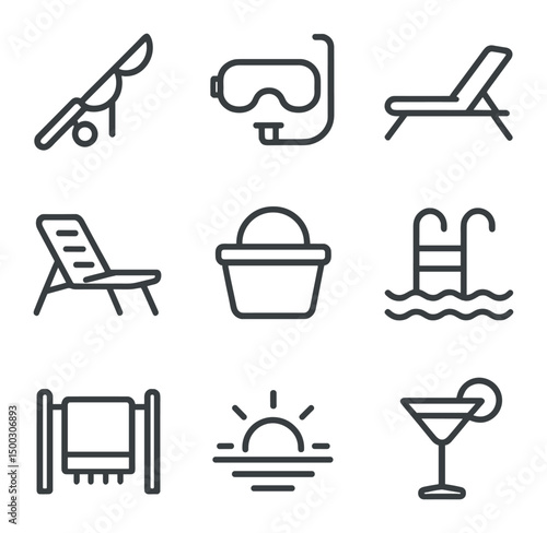 Onboard Leisure Icons. Outline icon set of onboard leisure activities: fishing rod, snorkeling mask, sunbathing deck, deck chair,