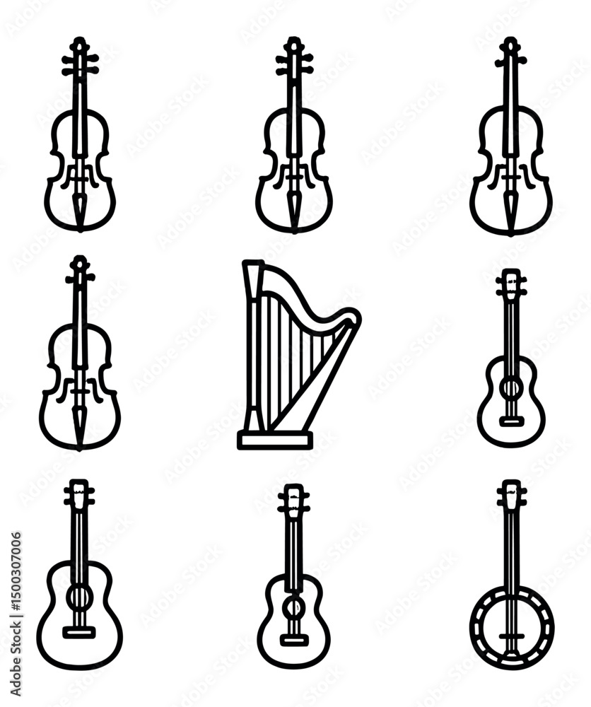 Orchestral Strings Icon Set. Outline icon set of seafood plating: seared scallop, prawns stack, lemon wedge, parsley sprig, roe Orchestral Strings Icon Set. Outline icon set of seafood plating: seared scallop, prawns stack, lemon wedge, parsley sprig, roe