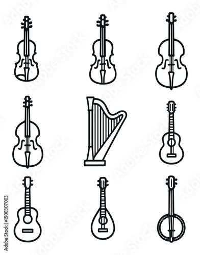Orchestral Strings Icon Set. Outline icon set of orchestral string instruments: violin, viola, cello, double bass, harp, mandolin,