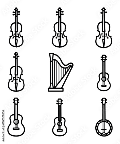 Orchestral Strings Icon Set. Outline icon set of seafood plating: seared scallop, prawns stack, lemon wedge, parsley sprig, roe