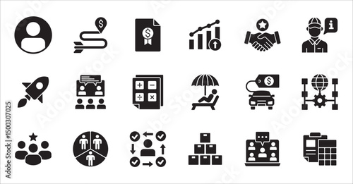 Business company and Management icon set. Contains symbol of teamwork, target, market, global, success, customer service, leadership, holiday, asset, meeting, entrepreneur. Vector illustration