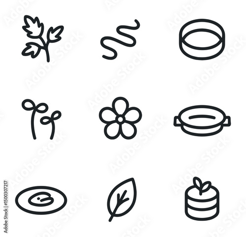 Food Presentation Icons. Outline icon set of plating & presentation: garnish sprig, sauce drizzle, plating ring, microgreens,