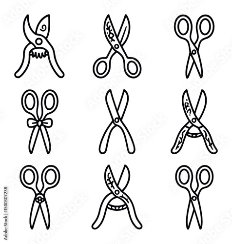Ornate Shears Icon Set. Outline icon set of decorative pruning shears and scissors: filigree spring, floral-etched blade, curved