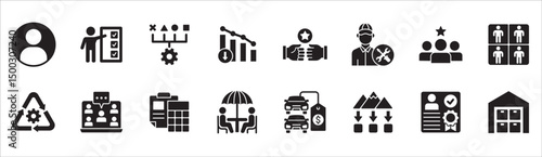 Business and management icon set. Contains symbol of businessman, target, leadership, progress, holiday, data, stock, market, accounting, training, resource, finance, service. Vector illustration