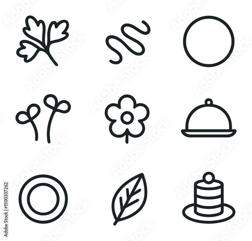 Food Presentation Icons. Outline icon set of plating & presentation: garnish sprig, sauce drizzle, plating ring, microgreens,