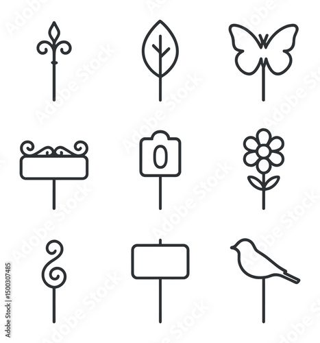 Garden Stake Icons. Outline icon set of artistic garden stakes and labels: wrought-iron stake, leaf-shaped label, butterfly topper