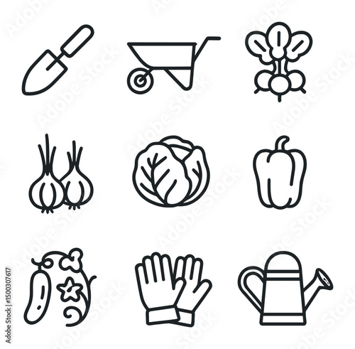 Garden Tool Icons. Outline icon set of vegetable patch gathering: trowel, wheelbarrow, radish bunch, onion bulbs, cabbage head,