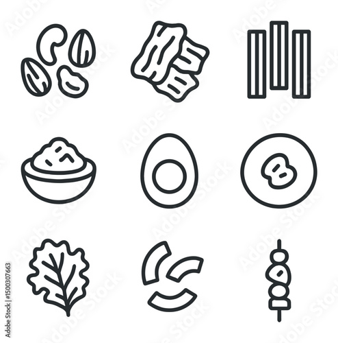 Paleo Snack Icons. Outline icon set of paleo snacks and appetizers: mixed nuts, beef jerky, veggie sticks, guacamole scoop,