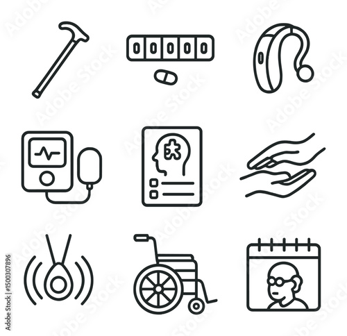 Geriatric Assessment Icons. Outline icon set of geriatric assessment: walking cane, pill organizer, hearing aid, blood pressure
