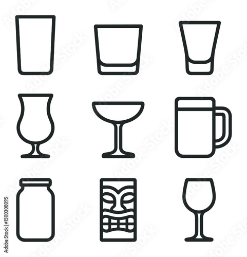 Glassware Icon Set. Outline icon set of glassware types: highball glass, lowball glass, shot glass, hurricane glass, coupe glass,