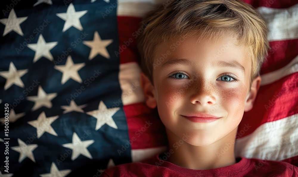 Patriotic boy with American flag design in candid portrait. AI generated illustration. Patriotic boy with American flag design in candid portrait. AI generated illustration.