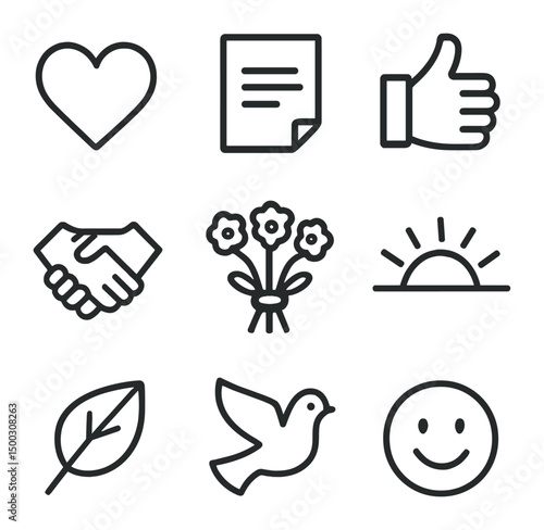 Gratitude Icon Set. Outline icon set of gratitude moments: heart, thank you note, thumbs up, handshake, flower bouquet, sunrise,