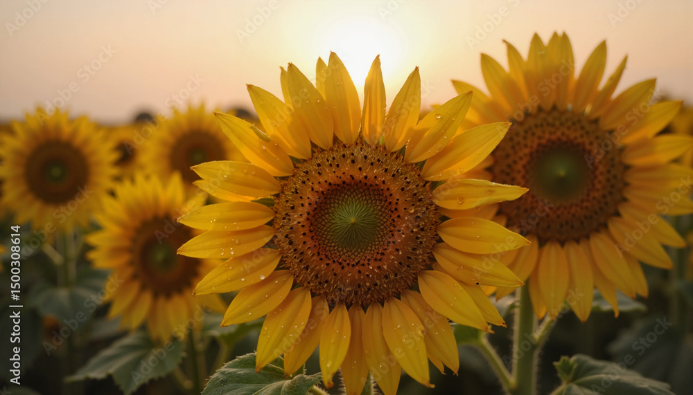 Obraz premium Sunflowers blooming in a field during golden hour 