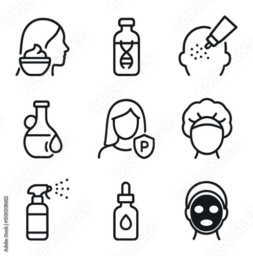 Hair Treatment Icons. Outline icon set of hair treatment services: deep conditioning mask, keratin vial, scalp scrub, hot oil