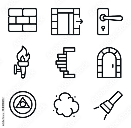 Hidden Passage Icons. Outline icon set of hidden passage discovery: stone wall, sliding panel, lever handle, torch sconce, spiral