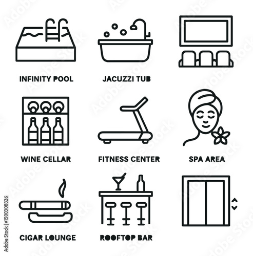 Penthouse Amenities Icons. Outline icon set of luxury penthouse amenities: infinity pool, jacuzzi tub, home theater, wine cellar,