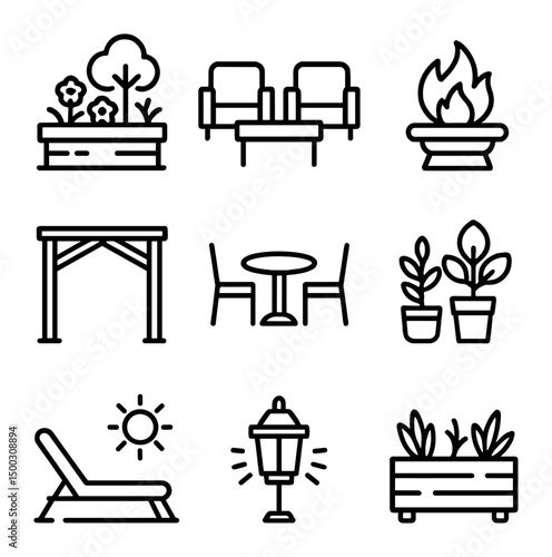 Penthouse Outdoor Icons. Outline icon set of penthouse outdoor spaces: rooftop garden, lounge seating, fire pit, pergola, dining