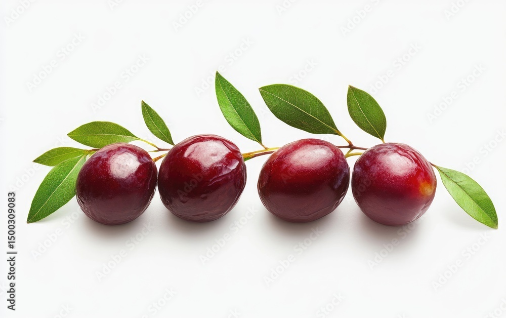 Four ripe plums on a branch with leaves against white background Four ripe plums on a branch with leaves against white background