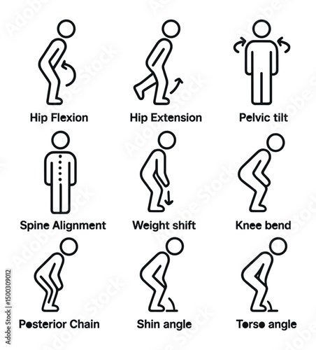 Hip Hinge Icons. Outline icon set of hip hinge mechanics: hip flexion, hip extension, pelvic tilt, spine alignment, weight shift,