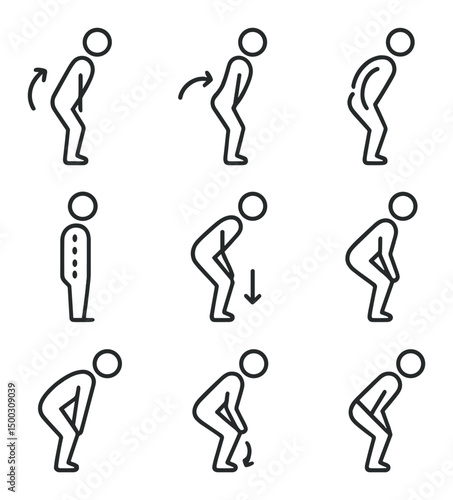 Hip Hinge Icons. Outline icon set of hip hinge mechanics: hip flexion, hip extension, pelvic tilt, spine alignment, weight shift,