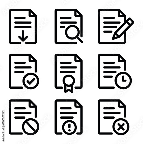 Permit Status Icon Set. Outline icon set of permit approval statuses: submitted status, under review, revisions required, approved