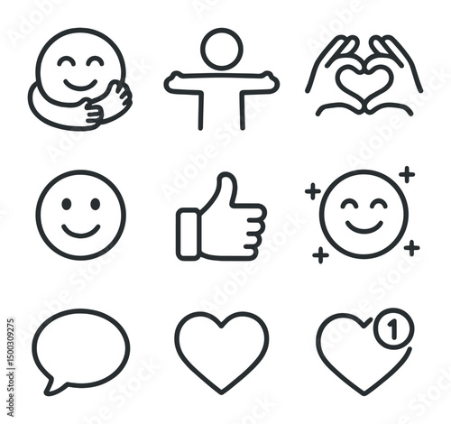 Hug Emoticon Icons. Outline icon set of interface hug emoticons: hugging emoji, open arms icon, heart hands, smiley face, thumbs