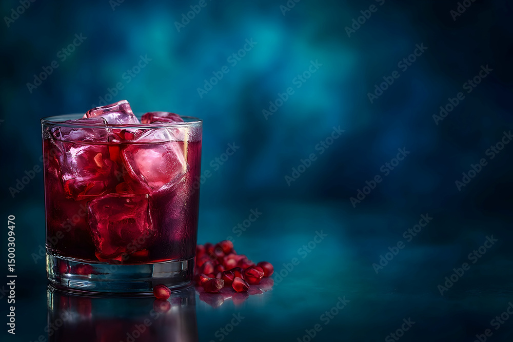 Ruby-hued pomegranate drink in a glass with ice cubes. Ruby-hued pomegranate drink in a glass with ice cubes.