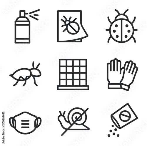 Pest Control Icons. Outline icon set of pest control: insecticide spray, sticky trap, ladybug, aphid icon, net screen, garden