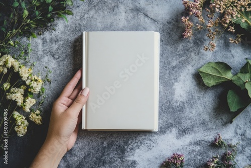 Hand holds blank book surrounded by flowers and leaves