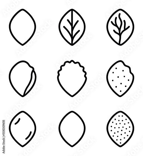 Petal Texture Icons. Outline icon set of budding petals: bud with petals, unfolding petal, half-open petal, tight bud, petal swirl