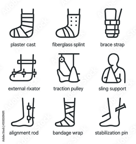 Immobilization Techniques Icons. Outline icon set of immobilization techniques: plaster cast, fiberglass splint, brace strap,