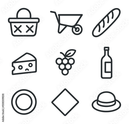 Picnic Icon Set. Outline icon set of picnic hamper and wheelbarrow duo: picnic basket, wheelbarrow, baguette, cheese wedge, grapes